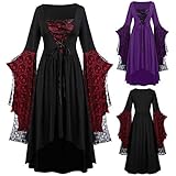 YEBIRAL Damen Langarm Mesh Mittelalter Kleid Bodenlangen Maxikleid Große Größen Renaissance Cosplay Dress Party Kostüm Lang Halloween Kostüm (Y- Schwarz, 5XL)