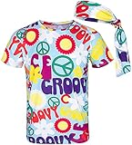 COSAVOROCK Herren 60er 70er Jahre Groovy Hippie Kostüm T-Shirts mit Stirnbänder (XL, Peace)