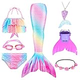 LOBTY Meerjungfrauenschwanz zum Schwimmen mit Meerjungfrau Flosse Kinder Mädchen Meerjungfrau Schwanz mit Bikini Set Meerjungfrau Badeanzug und Girlande und Halskette und Schwimmbrille Schwimmkostü