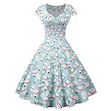 Alwayswin 1950er Jahre Vintage Kleid Damen Weihnachten Cocktailkleid Elegant Kurzarm V-Ausschnitt Rockabilly Kleid Retro Sexy Swing Partykleid Abendkleid Knielang F