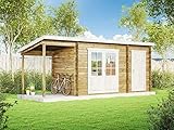 Alpholz Pultdach Gartenhaus Martina-28 mit Anbau & Schleppdach aus Massiv-Holz | Gerätehaus mit 28 mm Wandstärke | Garten Holzhaus mit Imprägnierung (pinie) | Geräteschuppen Größe: 430 x 180
