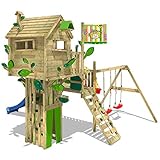 WICKEY Baumhaus Smart Treetop Kletterturm Spielturm mit blauer Rutsche, Doppelschaukel und vielen Klettermöglichk