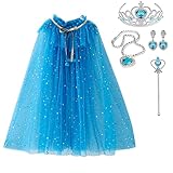 skyllc Prinzessin Umhang Kinder,Tüll Umhang Glitzer für Mädchen,Pailletten Cape Prinzessin mit Krone Halskette Ohrringe Zauberstab,Party Kostüm Karneval Cosplay für Mädchen Halloween Kostüm(Blau)