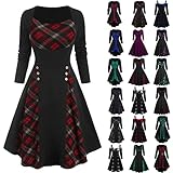 Senoly Damen Langarm Kleid Kariertes Kleid cocktailkleid festliches Kleid Gitter Elegante Retro Kleid Gitter Rockabilly Kleid Cocktail Abendkleider MidiKleider Mittelalterliches Vintag