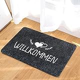 Fussmatte Willkommen Grau 40 x 60 cm Polyester Schmutzfangmatte mit Genähtem WILLKOMMEN und Herzen Muster rutschfeste Fußmatten für innen außen Haustür usw