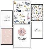 Papierschmiede® Kids Mood-Poster Set Bunter Frühling | Bilder Kinderzimmer Babyzimmer Wanddeko | 2x DIN A4 und 4x DIN A5 | Schmetterling Blume Regenbogen - Kinderposter ohne R