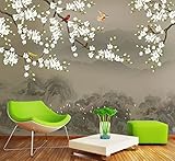 Fototapete 3D Effekt Tapete Handbemalte Magnolie Blumenvogel Retro 3D Tapeten Wanddeko Wandbilder Wohnzimmer S