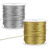 LIHAO 2 Rolle Metallic Kordel Silber Fäden Goldkordel Craft Cord Metallisch Lametta Schnur Seil für Geschenkpapier Dekoration Kunsthandwerk DIY (Gold, Silber)