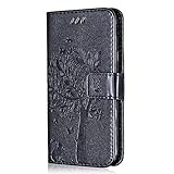 Conber Hülle für Samsung Galaxy J7 Prime/Galaxy On 7, PU Leder Tasche Flip Case Lederhülle Handyhülle, Vintage Katze und Baum Schutzhülle für Samsung Galaxy J7 Prime/Galaxy On 7 - Schw