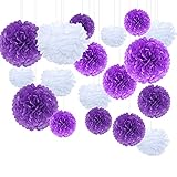 Himeland 16er Set Pompoms Deko Bunt Seidenpapier Pompons für Party Deko, Hochzeit, Valentinstag, Weihnachten, Halloween, Dekoration für Geburtstag（Lila, Weiß, Dunkelviolett）