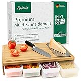 LIFELICIOUS® Premium Multi-Schneidebrett mit 4X Auffangschalen, Behälter aus PP-Kunststoff [+ inkl. Edelstahlreibe] Großes (XXL) Koch- & Küchenbrett, Bambus-Holzbrett mit Schubladen und S