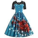 MNRIUOCII Damen Kleider Elegant Weihnachten Cocktailkleid Vintage Spitze Rundhals Kurzarm Rockabilly Kleid Swings Kleid Abendkleider Weihnachtsk