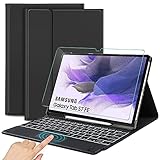 Sross-TEC Tastatur Hülle Kompatibel mit Samsung Tab S7 FE & Tab S7+/Tab S7 Plus, QWERTZ Kabellose Beleuchtete Bluetooth Samsung Galaxy Tab S7 FE 12.4 Zoll 2021 Tastatur mit Touchpad+Panzerglas,Schw