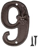 Vandicka Hausnummer aus Gusseisen - Landhausstil, Adressnummernschild, Antikbraun, Rost-Finish mit Fleur de Lis Prägung,11,7x7,4 cm - Ziffer 9