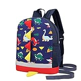 Kinder Kleinkind Rucksack Jungen mit Riemen Dinosaurier Blau Kindergarten Leine Büchertasche (dunkelblau)