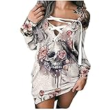 Fascino-M Damen Hoodie Kleid Langarm Freizeitkleider Lose Sexy V-Ausschnitt Kordelzug Pullover Sweatshirt Tunika T-Shirt Kleid Sweatshirtkleid Tops Herbst Kurz Kleid Sweatshirt Pulloverk