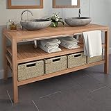Voupuoda Waschtischunterschrank mit 4 Körben, Standregal, Regal Schrank, für Flur Wohnzimmer Kinderzimmer Bad oder Diele, Teak Massiv 132x45x75