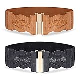 3 Stück Doppelring-Gürtel für Damen, Damengürtel für Jeans, Kleid, Kunstleder, Jeans, Gürtel mit goldener Kreis-Schnalle, Khaki und Schwarz, L (Taille 33/36')