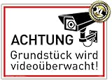 Großes Schild Achtung Grundstück wird videoüberwacht! | Alu 42 x 30 cm | stabiles Alu Schild mit UV-Schutz | weiß | Videoüberwachung Kameraüberwachung Kameraüberwacht | Dreifke®