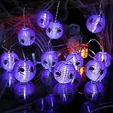 Geemoo Halloween Deko, 4M 20 LED Halloween Lichterkette Lila Lampions Bedruckte Spinne, Wasserdicht 2 Modi Lichterkette Batterie Betrieben für Außen Innen Halloween Dek