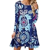 Fannyfuny Damen Rundhals Langarm Blumendruck Kleider Frauen Casual Elegant Cocktail Kleider Party Kleider Herbst Warme Langarmshirt Tshirt Kleid Ballkleid Mode Bequem Mini Kleider Knielang Kleid B