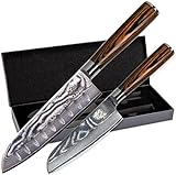 Wolfblood 2er Set Küchenmesser Santoku Damastmesser (30 cm und 24 cm) - 67 Schichten Damaststahl - Profimesser mit Geschenkbox und Echtholzgriff - Allzweckmesser - Kochmesser - C