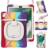 KENOBEE Hülle für iPad 9,7' (6./5. Generation, 2018/2017) / iPad Air 2/ iPad Pro 9,7', Robust Heavy Duty Stoßfest Schutzhülle mit Eingebauter Displayschutz & Schultergurt & 360° Drehständer, (Rot)