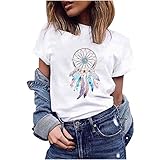 Tshirt Oberteile Damen Elegant Sommer Kurzarm Bunt Traumfänger Drucken Tee Tops Weiss Vintage mit Aufdruck Feder Motiv Harajuku Tshirt Casual Rundhals Shirt Hemd Bluse Basic Tshirt Teenager M