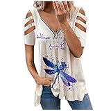 Briskorry T-Shirt Damen Schulterfrei Bluse Sommer Kurzarm Oberteil Elegant Vintage Tops Sexy Reißverschluss V-Ausschnitt Shirts Casual Tunika Top Longshirt Lockere Longb