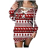 Damen Langarm Pulloverkleid Strickkleid Schulterfrei Partykleid Pullover Kleider V-Ausschnitt Elegant Tunika Kleid Für Herbst Winter Minikleid Sweatshirt Lose Weihnachten Druck Sexy Freizeitk