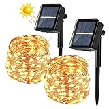 [2 Stück] Solar Lichterkette Aussen, BrizLabs 14M 120 LED Außen Lichterkette Kupferdraht Solarlichterkette Warmweiß Wasserdicht 8 Modi für Weihnachten, Garten, Balkon, Hochzeit, Terrasse, Party Dek