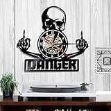 Wanduhr Totenkopf Vinyl Schallplatte Wanduhr Gefahr Mittelfinger Totenkopf Vintage Punk Skelett Wandkunst Vinyl Uhr Halloween Dekor Geschenk - Kein LED-L