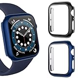 QIBOX Schutzhülle mit Glas-Displayschutzfolie, kompatibel mit Apple Watch Serie 6, 5, 4, SE, 44 mm, harte PC-Schutzhülle (44 mm, schwarz/mitternachtsblau), 2 Stück