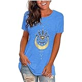 Sun Moon T-Shirt Frauen Sommer Casual Dreamcatcher Print Tops Kurzarm Tunika Blusen mit Rundhalsausschnitt (L,Blau)