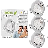 3x Lumare LED Einbaustrahler 4W 400 Lumen IP44 nur 27mm extra flach Einbautiefe LED Leuchtmodul austauschbar Deckenspot AC 230V 120° Deckenlampe Einbauspot warmweiß silber rund B