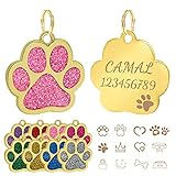 Hundemarken, CAMAL Goldener Pfotenabdruck Hundemarke mit Gravur Tags für Kleine bis Mittelgroße Hunde oder Katzen, 30mm (Rosa)