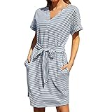 Freizeitkeid Damen Sommerkleid Freizeit Kurzarm Elegant Kurze Kordelzug Blusenkleid Minikleid mit Taschen Damen Kleid mit V Ausschnitt Swing Kleid Party Strandkleider Streifen Loose T S