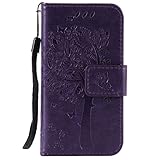 THRION Apple iPhone 4 / iPhone 4s Hülle, PU Cat und Baum Brieftaschenetui mit magnetischer Handschlaufe und Ständerhalterung für Apple iPhone 4 / iPhone 4s, Lila#1