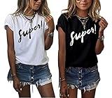 Damen Kurzarm T-Shirts Best Friends Tee für Mädchen mit Aufdruck Burger und Pommes Lustige Passende Kostüm A Schwarz+Weiß DE 38