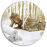 goldener Buddha auf Handtuch, Wanduhr Durchmesser 30cm mit weißen spitzen Zeigern und Ziffernblatt, Dekoartikel, Designuhr, Aluverbund sehr schön für Wohnzimmer, Kinderzimmer, Arb