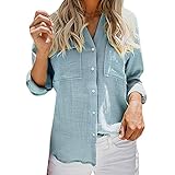 YunYoud Damen Casual Lose Langarm V Ausschnitt Streifen Tops Bluse Herbst Knopf Revers Tunika H