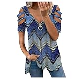 Yoofeiduoduo Damen Valentinstag T-Shirt Oberteil Schulterfrei Bluse Sommer V-Ausschnitt Kurzarm Liebesherz Drucken Longshirt mit Reißverschluss Elegante Off Shoulder Kurzarm Blusen Tunika Shirt Top