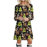 Weihnachten Kleid für Frauen, Weihnachtsdruck Casual Langarm O-Neck T-Shirt Mini Swing Kleider Langarm Flowy Tiered Rüschen Casual Party Herbst Schwarz Midik