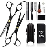 Friseurscheren Set, 12Pcs Profi Haarschere Set, Rostfreiem Stahl Haarschneideschere Bartschere, Ausdünnschere mit Friseurumhang, Haar Bart Trimmen Formung Pflege für Männer Frauen F