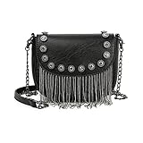 Hoce Leder Satteltasche Geldbörse Fransen Nieten Geldbörsen Handtaschen mit Kettenriemen für Damen Mädchen, Schwarz (schwarz), Einheitsgröß