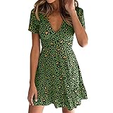 LRWEY Sommerkleid Damen Sexy V Ausschnitt Kleid Elegant Cocktailkleid Mode Print Kleider Damen Knielang Strandkleid Kurzarm Taillenkleid Casual Urlaubskleider, grün, S