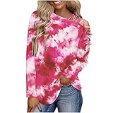 Bluse Basic Lose Tshirts Für Frauen Frühling Oberteile Tie-Dye-Druck Langarm Trägerlos Tops Mode Damen Hemd Bluse Lose Dünnes Langarmshirt Tunic Tops Tuniken Lange Ärmel Tee Tops(Pink,S)