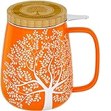 amapodo Teetasse mit Deckel und Sieb - Porzellan Tee Tasse groß 600ml - XXL Tassen Set Orange - plastik