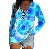 Damen Langarm Shirts Oberteile Sexy Langarmshirt V-Ausschnitt Longshirt Casual Lose Bedruckt Pullover Blusen Tuniken Tie Dye Sweatshirt Basic Bluse Elegant Blusenshirt Weich L