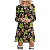 Damen Weihnachten Langarm Minikleid Kariertes Kleid Strickkleid A-Linie Sweater Herbstkleid Lose Kleider für Winter Herbst Blusenkleid Xmas Print Weihnachten Abendkleid Christmas Party